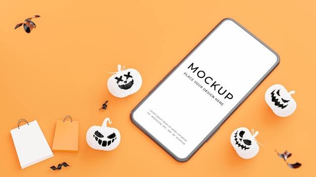 Rendering 3D di smartphone con concetto di shopping di halloween