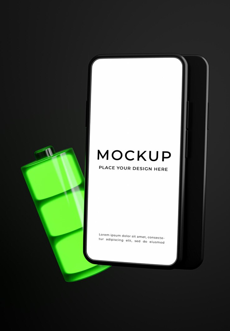 PSD rendering 3d di smartphone con mockup del concetto di batteria piena