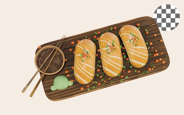 Rendering 3D di sushi giapponese preparato sul piatto