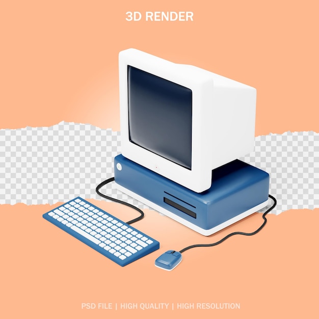 Rendering 3D di un computer retrò con tastiera e mouse