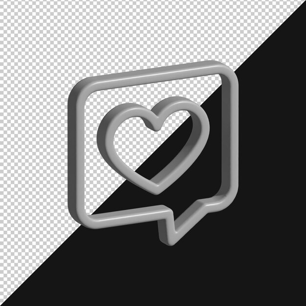 Rendering 3D di un cuore all'interno di un'icona di bolla di commenti su uno sfondo gradiente