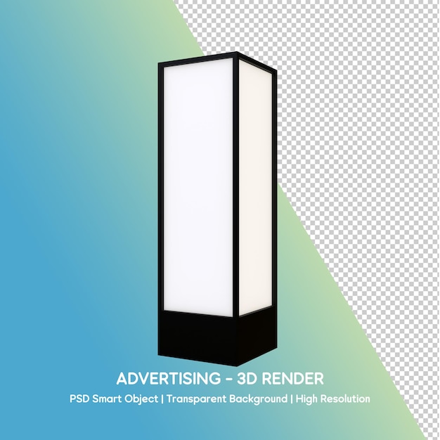 Rendering 3D di un display pubblicitario illuminato con sfondo trasparente