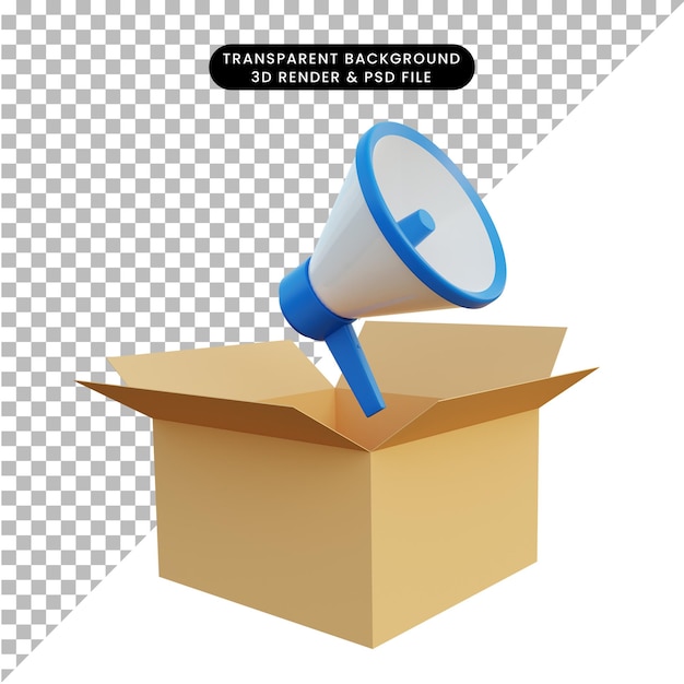 Rendering 3D di un megafono che esce di cartone