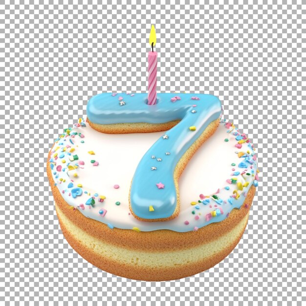 Rendering 3D di un numero dell'alfabeto 7 fatto con torta di compleanno con candela su uno sfondo trasparente