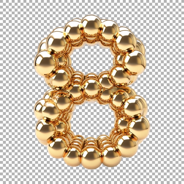 Rendering 3D di un numero dell'alfabeto 8 fatto con palle d'oro su sfondo trasparente