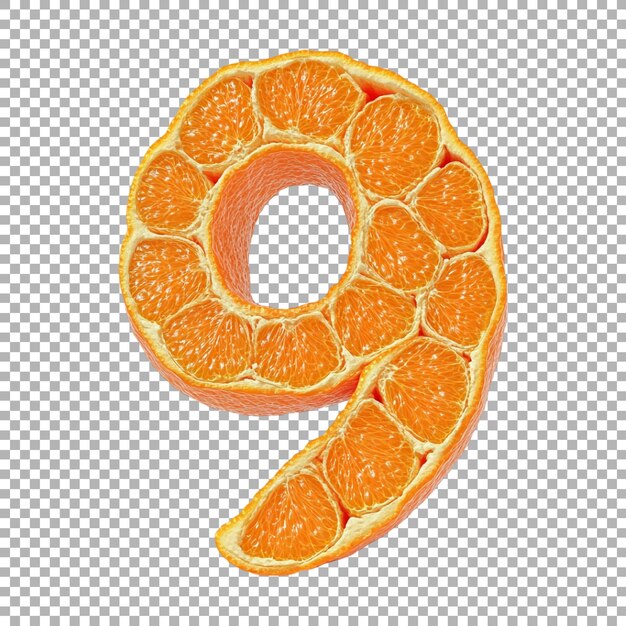 Rendering 3D di un numero dell'alfabeto 9 realizzato con frutta arancione su sfondo trasparente