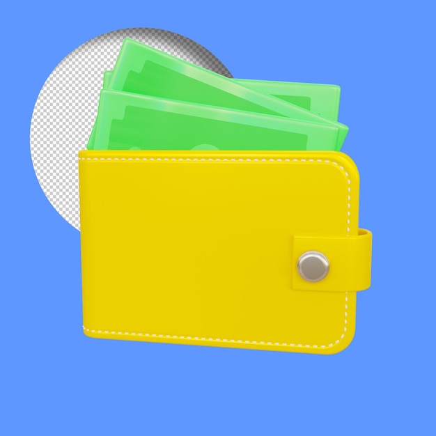 Rendering 3D di un portafoglio con denaro