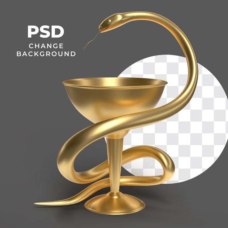 PSD rendering 3d di un simbolo caduceo d'oro con un serpente