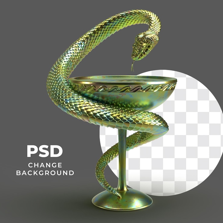 PSD rendering 3d di un simbolo caduceo d'oro con un serpente