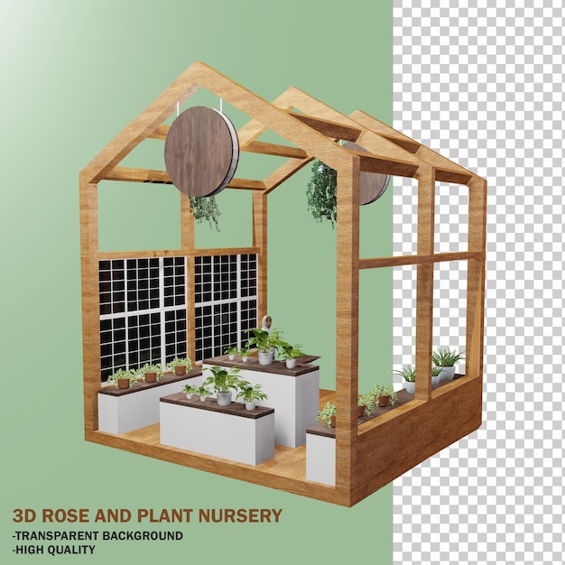 Rendering 3D di un vivaio di rose e piante con sfondo trasparente