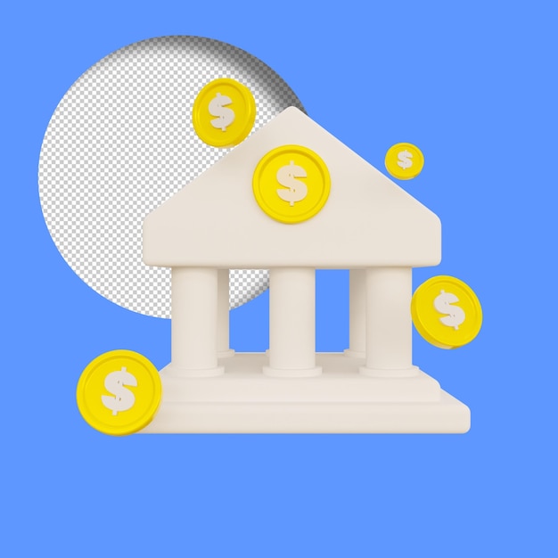 Rendering 3D di una banca con moneta