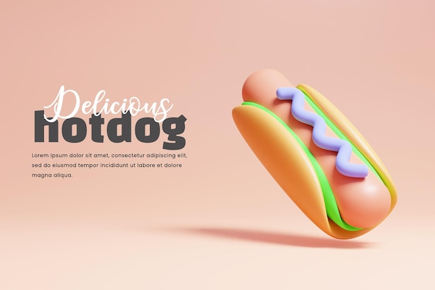 Rendering 3d di una deliziosa illustrazione di hotdog o di un delizioso modello di banner di hotdog 3d