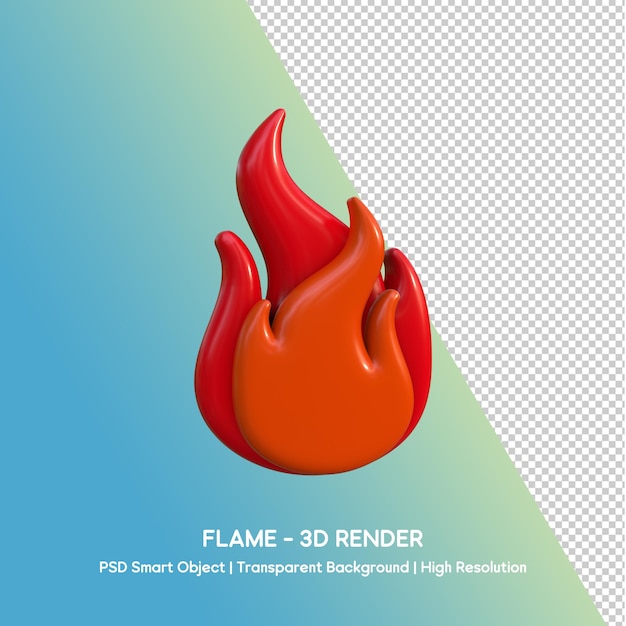 Rendering 3D di una fiamma di fuoco con sfondo trasparente