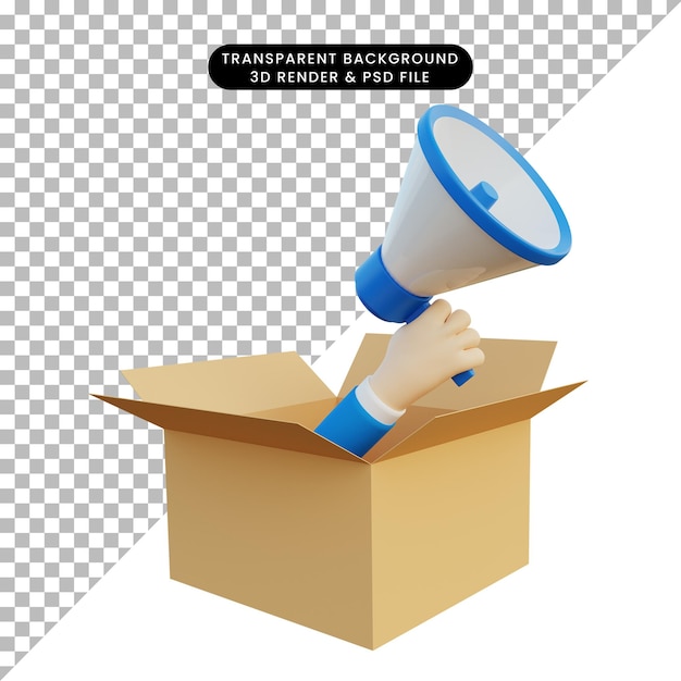 Rendering 3D di una mano con un megafono da una scatola di cartone