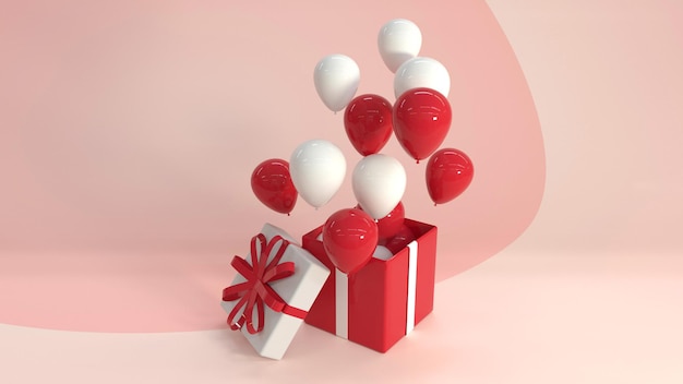 Rendering 3D di una scatola regalo con palloncini all'interno in risoluzione 4k