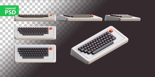 Rendering 3D di una tastiera computer vintage Set di diverse viste piatte e isometriche