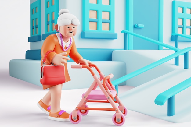 Rendering 3D di una vecchia donna con mobilità ridotta