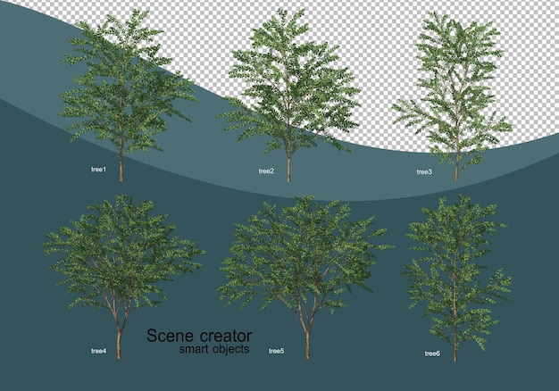 Rendering 3D di vari design ad albero