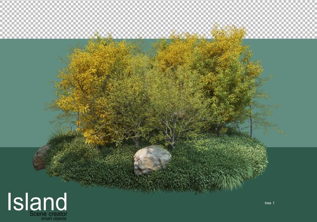 Rendering 3D di vari tipi di alberi dell'isola