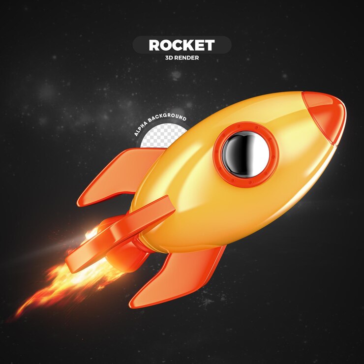 Rendering 3D di volo spaziale arancione e giallo isolato