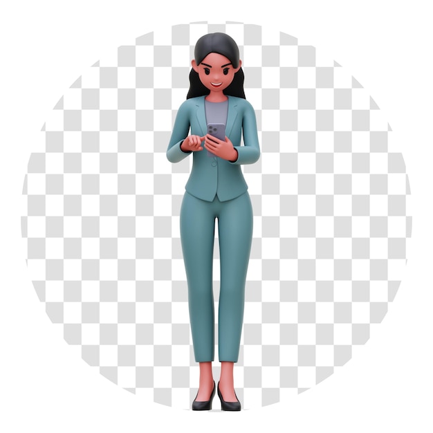 Rendering 3D Donna d'affari che digita sullo smartphone Illustrazione di sfondo trasparente