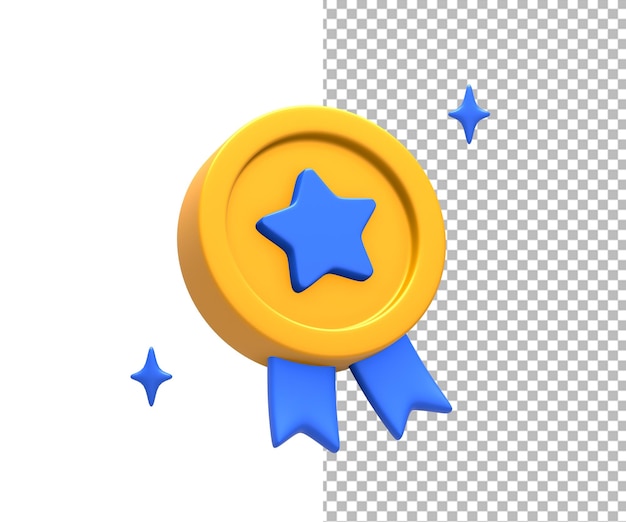 PSD rendering 3d du côté bleu jaune du badge étoilé du vainqueur du champion pour l'interface utilisateur ux des applications mobiles web et des médias sociaux