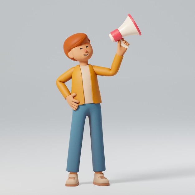 Rendering 3D du personnage masculin tenant un mégaphone