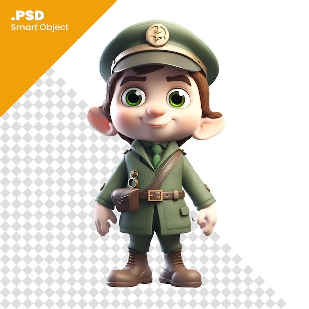 PSD rendering 3d du petit garçon dans le modèle psd du costume du soldat de l'armée verte de la seconde guerre mondiale