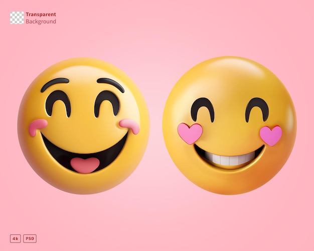 PSD rendering 3d d'emojis de visage souriant avec des joues roses et des cœurs