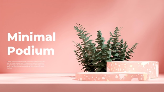 rendering 3d empty scene pink terrazzo podium in landscape eucalyptus leaf plant