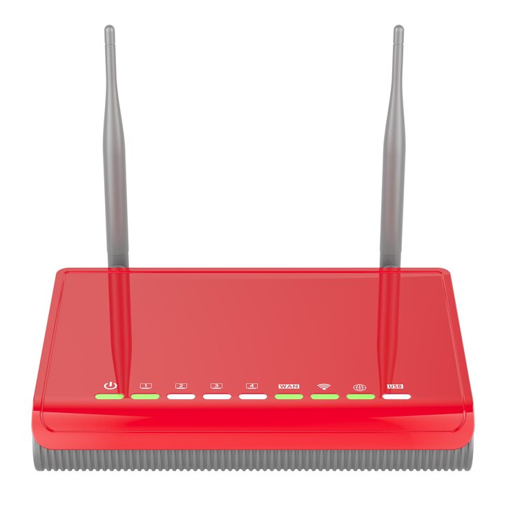 PSD rendering 3d del enrutador de internet inalámbrico rojo aislado en un fondo transparente
