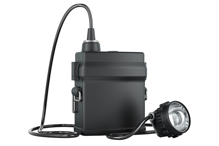 PSD rendering 3d de faros de minería recargables y lámparas de tapa de mineros aislados sobre un fondo transparente