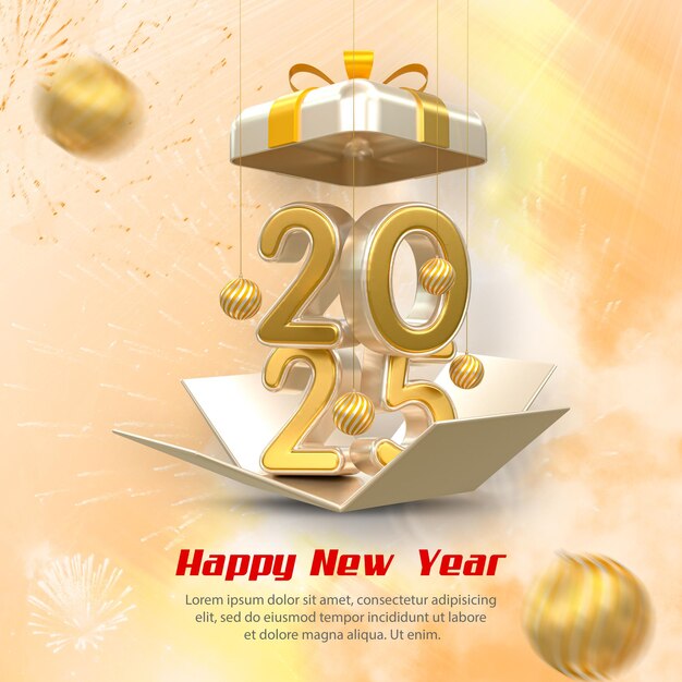 Rendering 3D Feliz año nuevo 2025 modelo de diseño de banner de efecto de texto 3D de oro
