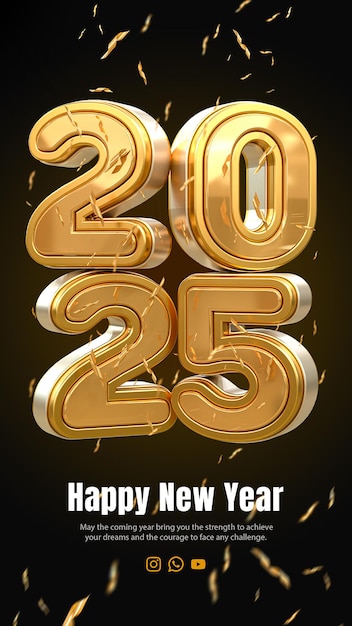 Rendering 3D Feliz año nuevo 2025 modelo de diseño de banner de efecto de texto 3D de oro