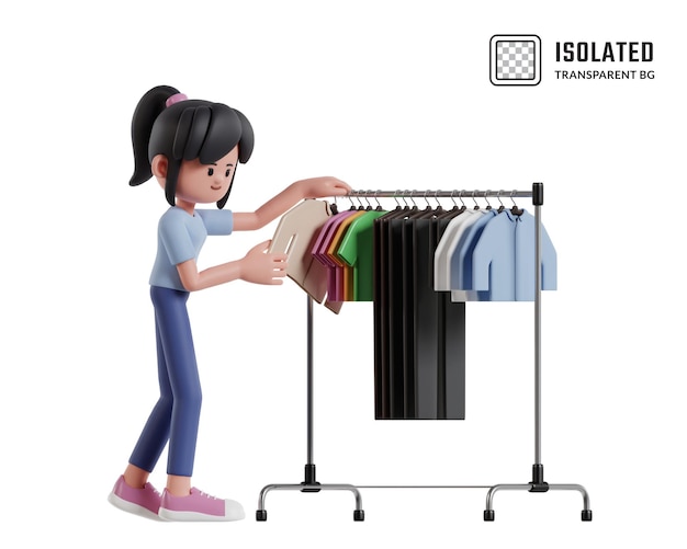 Rendering 3D d'une fille à la mode choisissant de nouveaux vêtements à acheter