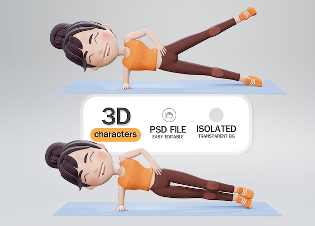 rendering 3d. Fitness e allenamento. Una donna fa esercizi sportivi. Plancia laterale. Allenamento per gli addominali.