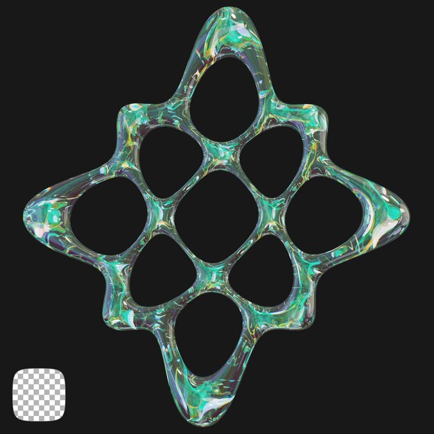 Rendering 3D de la forma de vidrio abstracta del Y2K en un fondo transparente