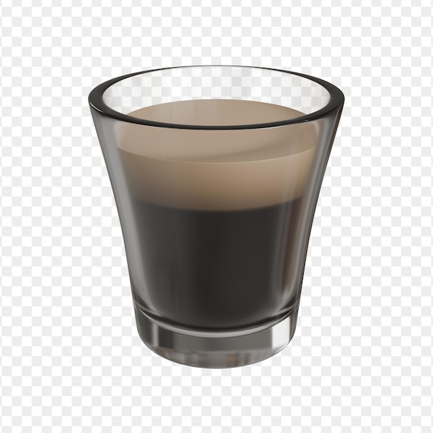 Rendering 3D fotorealistico di un espresso appena estratto servito in un piccolo bicchiere trasparente