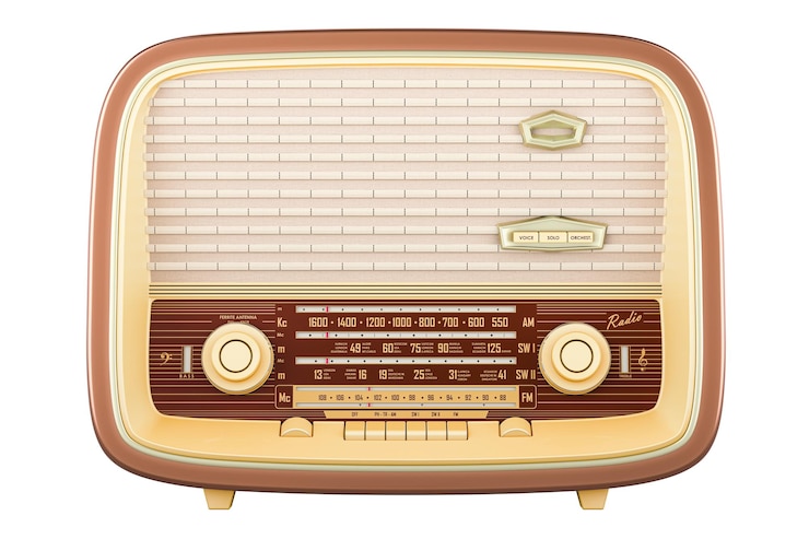 PSD rendering 3d frontale del ricevitore radio retro isolato su uno sfondo trasparente