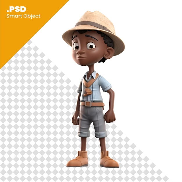 PSD rendering 3d d'un garçon afro-américain avec un chapeau de safari modèle psd