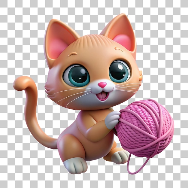 Rendering en 3D de Un gatito lúdico golpeando una bola de hilo aislado sobre un fondo transparente