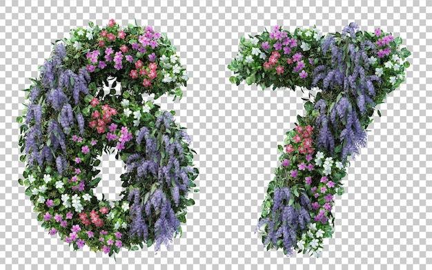 Rendering 3D giardino fiorito numero 6 e numero 7 isolati
