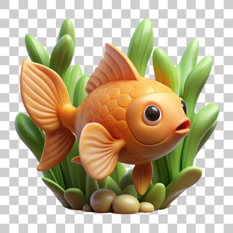 PSD rendering en 3d de un gracioso pez dorado flotando con gracia entre las plantas acuáticas