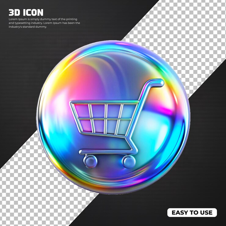 PSD rendering 3d holográfico futurista diseño de letrero o icono para el carrito de compras
