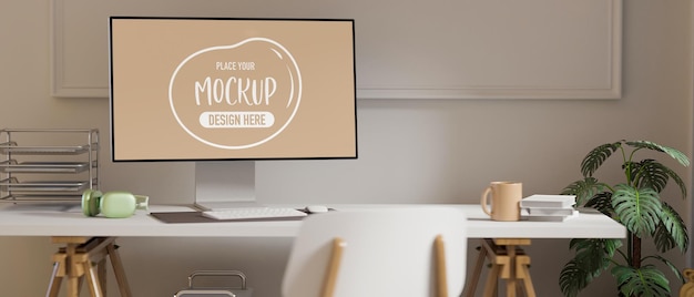 Rendering 3D home office room con mockup di computer