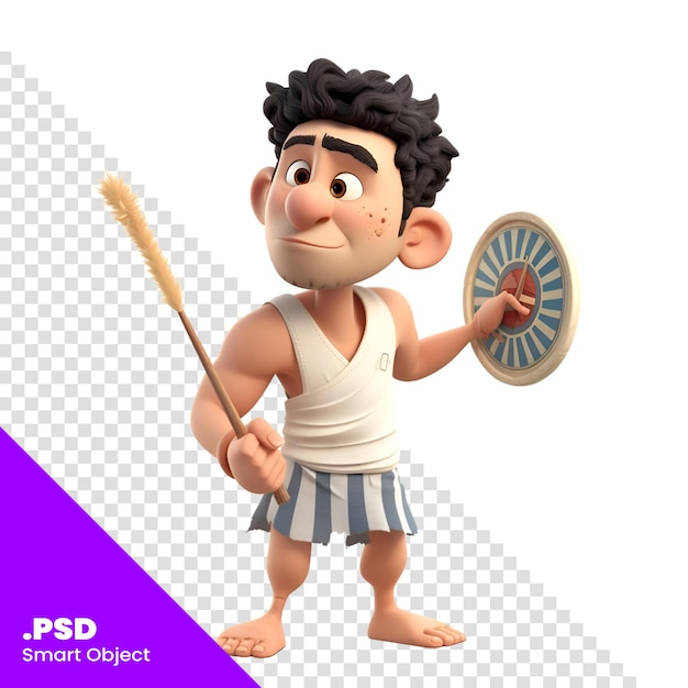 PSD rendering 3d d'un homme des cavernes de dessin animé avec une lance et un bouclier modèle psd
