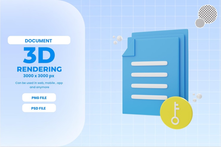 PSD rendering 3d icona documento chiave oggetto premium psd