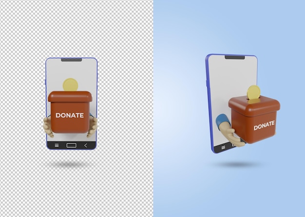 Rendering 3D de un icono de teléfono inteligente y una mano sosteniendo una moneda y una caja que dice donar ilustración