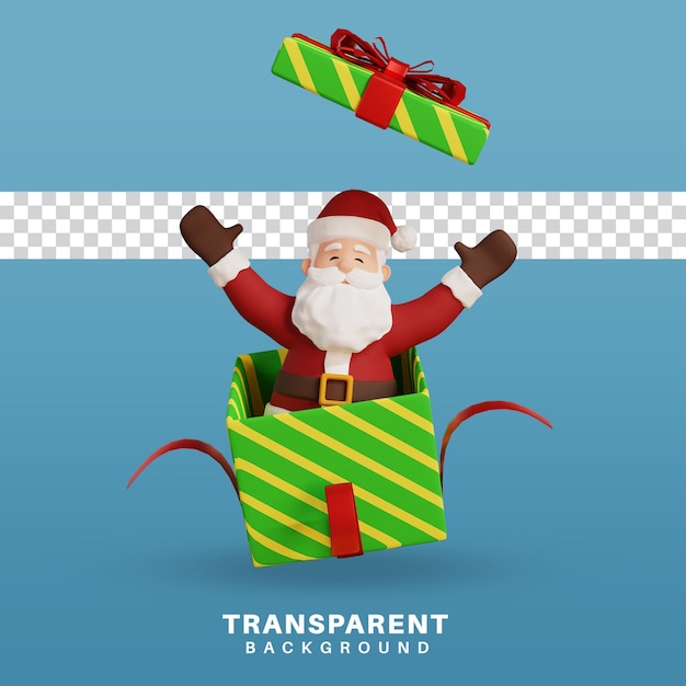 Rendering 3D il personaggio di Babbo Natale salta fuori dalla confezione regalo
