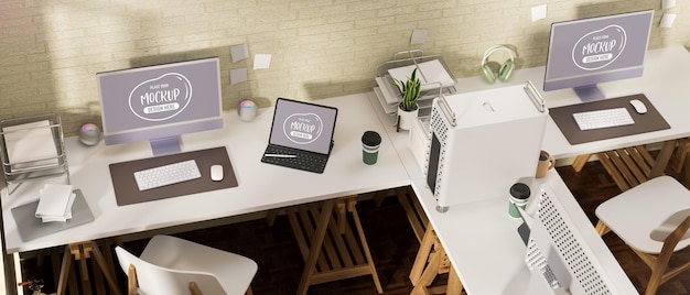 Rendering 3D interior design camera ufficio con mockup di dispositivi computer scrivania da ufficio